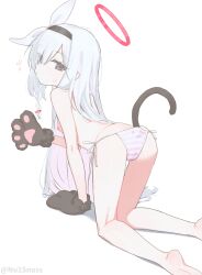 1girl animal_hands arm_support ass barefoot bikini black_hairband blue_archive blush bow_hairband braid breasts cat_paws cat_tail closed_mouth expressionless fake_tail feet_out_of_frame from_behind grey_eyes hair_between_eyes hair_over_one_eye hair_ribbon hairband halo heart highres loli long_hair looking_at_viewer looking_back nipples nu1snuss one_eye_covered plana_(blue_archive) red_halo red_pupils ribbon side-tie_bikini_bottom side_braid simple_background single_braid small_breasts soles solo straight_hair striped_bikini striped_clothes sweatdrop swimsuit tail topless_female very_long_hair white_background white_hair