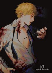1boy absurdres black_background black_necktie black_pants blonde_hair blood blood_on_arm blood_on_clothes blood_on_face blood_on_hands blood_on_neck chainsaw chainsaw_man character_name copyright_name denji_(chainsaw_man) from_side highres koro_dou male_focus necktie open_clothes open_shirt pants sharp_teeth shirt short_hair simple_background solo teeth undone_necktie upper_body upper_teeth_only white_shirt