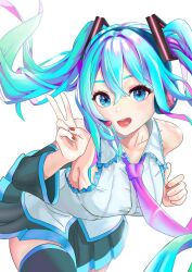 bare_shoulders black_boots black_skirt blue_eyes blue_hair boots breasts collarbone crossed_bangs detached_sleeves hair_between_eyes hatsune_miku headset highres konnyaku_sword long_hair looking_at_viewer miniskirt nail_polish necktie open_mouth pink_necktie pleated_skirt red_nails shirt sideboob skirt sleeveless sleeveless_shirt thigh_boots twintails v vocaloid white_shirt