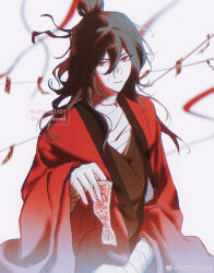1boy absurdres artist_request bandaged_arm bandaged_chest bandaged_neck bandages black_hair black_hanfu blurry brown_hair chinese_clothes chinese_commentary closed_mouth coat commission dao_gui_yi_xian hair_between_eyes hair_bun hair_ribbon half_updo hanfu highres holding holding_ofuda li_huowang long_hair long_sleeves looking_at_viewer male_focus ofuda open_clothes open_coat red_coat red_eyes red_ribbon ribbon robe second-party_source simple_background single_hair_bun sitting solo string string_of_fate talisman upper_body watermark weibo_watermark white_background wide_sleeves