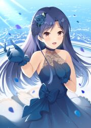 1girl arm_up blue_bow blue_dress blue_flower blue_gloves blue_hair blue_rose blush bow brown_eyes collarbone commission day dress dress_bow falling_petals flower gloves hair_flower hair_ornament halter_dress halterneck hand_on_own_chest hand_up idolmaster idolmaster_(classic) kisaragi_chihaya komi_zumiko light_rays long_hair looking_at_viewer open_mouth outdoors petals rose skeb_commission sleeveless sleeveless_dress smile solo standing
