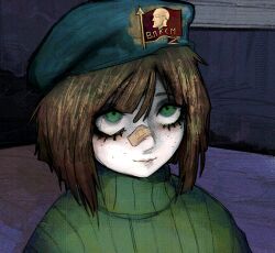Rule 34 | 1girl, aqua hat, bandaid, bandaid on face, bandaid on nose, beret, brown hair, colored skin, commentary, communism, crimescenepartz, dark room, english commentary, faux traditional media, freckles, green eyes, green sweater, hair between eyes, hat, hat pin, highres, indoors, kasia (peripeteia), lips, lower eyelashes only, medium hair, painterly, peripeteia, portrait, purple background, russian text, sketch, smile, solo, soviet, sweater, translation request, turtleneck, turtleneck sweater, upturned eyes, vladimir lenin, white skin