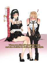 2girls absurdres astra_yao black_hair blonde_hair blunt_sidelocks blush breasts cleavage condom condom_packet_strip condom_wrapper dress earrings eden_zone evelyn_chevalier gloves hairband half_gloves high-waist_pants highres implied_futanari jewelry large_breasts long_hair meme multiple_girls necklace necktie pants pearl_necklace purple_eyes red_eyes ring_hair_ornament sidelocks single_half_glove smile tight_clothes tight_pants uneven_bangs white_dress white_hairband yellow_necktie zenless_zone_zero