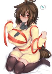 Rule 34 | 1girl, agnes tachyon (umamusume), animal ears, black necktie, black shirt, blush, breasts, brown eyes, brown hair, brown thighhighs, cardigan, closed mouth, collared shirt, commentary request, ears down, embarrassed, flying sweatdrops, full body, hair between eyes, highres, hisagi (hisagi00), horse ears, horse girl, large breasts, long sleeves, looking at viewer, necktie, no pants, no shoes, shirt, simple background, sitting, solo, thighhighs, tied breast, umamusume, wariza, white background, yellow cardigan