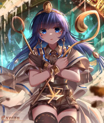Rule 34 | 1girl, absurdres, belt, blue eyes, blue hair, bracelet, brown shirt, brown shorts, circlet, crossed arms, earrings, facial mark, fingerless gloves, fossilized wonders, gloves, gold, highres, jewelry, key earrings, long hair, looking at viewer, michigami nareko, sand, shirt, shorts, single fingerless glove, solo, thighhighs, top-exerou, touhou