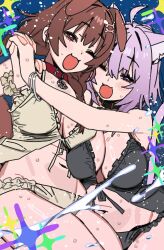 2girls :3 :d absurdres ahoge animal_collar animal_ears bare_arms bare_shoulders belt_collar bikini black_bikini blue_background blush bone_hair_ornament bracelet breasts breasts_apart bright_pupils brown_hair cat_ears cat_girl cat_tail cleavage collar commentary crossed_bangs dog_ears dog_girl dog_tail dot_nose floppy_ears frilled_bikini frills hair_between_eyes hair_ornament half-closed_eye hand_on_another&#039;s_shoulder hands_up happy highres holding_hands hololive imamura_ryou inugami_korone jewelry large_breasts legs_together long_hair medium_hair multiple_girls navel nekomata_okayu one_eye_closed open_mouth orange_eyes purple_eyes purple_hair red_collar scrunchie smile sparkle splashing swimsuit tail virtual_youtuber water wet white_pupils wrist_scrunchie yellow_bikini yellow_scrunchie