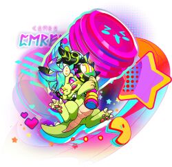 Rule 34 | blue hair, blue sclera, colored sclera, dragon, dragon village (series), dragon village collection, game cg, hammer, headphones, holding, holding hammer, no humans, official art, pac-man, pac-man (game), pink eyes, pixelated, ranky (dragon village), short hair, star-shaped pupils, star (symbol), symbol-shaped pupils, third-party source, tongue, tongue out, toy hammer, transparent background