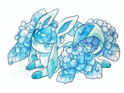 animal_focus blue_eyes blue_flower closed_mouth flower gen_4_pokemon glaceon highres lying nintendo no_humans non_(kumakawayusu) pokemon pokemon_(creature) solo traditional_media water water_drop
