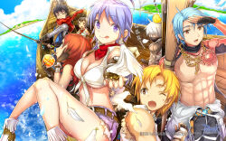 3girls 4boys :p abs animal animal_on_head apple_juice arm_wrap armor assassin_(ragnarok_online) bandages_over_clothes bandana belt bird bird_on_hand bird_on_head black_gloves black_hair blacksmith_(ragnarok_online) blonde_hair blue_hair blue_shirt blue_sky blush boat breasts brown_belt brown_eyes cleavage closed_mouth cloud copyright_notice crop_top dove drinking drinking_straw drinking_straw_in_mouth elbow_gloves feet_out_of_frame fingerless_gloves fishing_rod fur-trimmed_shirt fur_trim gloves green_eyes guest_art gunslinger_(ragnarok_online) hand_on_own_cheek hand_on_own_face heart heart-shaped_pupils highres holding holding_fishing_rod island juice kan_satomi large_breasts logo long_hair looking_at_another looking_to_the_side mask mechanic_(ragnarok_online) mouth_mask multiple_boys multiple_girls muscular muscular_male ninja_(ragnarok_online) ninja_mask no_nipples nose_bubble official_art official_wallpaper on_head one_eye_closed open_mouth outdoors pauldrons pectorals purple_eyes purple_hair purple_shorts ragnarok_online red_armor red_bandana red_gloves red_hair red_scarf sailing scarf shading_eyes shirt short_hair short_shorts shorts shoulder_armor shrug_(clothing) sitting sky sleeping sleeping_upright sleeveless sleeveless_shirt smile standing symbol-shaped_pupils taekwon_(ragnarok_online) tied_shirt tongue tongue_out underboob vambraces water watercraft white_hair white_shirt whitesmith_(ragnarok_online) zzz