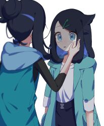 1girl aged_up black_hair black_shirt black_shorts blue_eyes blue_hair blue_hoodie colored_inner_hair cowlick crying crying_with_eyes_open eyelashes hair_ornament hairclip highres hood hoodie jacket liko_(pokemon) multicolored_hair nintendo open_clothes pokemon pokemon_(anime) pokemon_horizons seiun_(hoshigumo_72) shirt short_hair shorts tears white_shirt