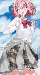 1girl amaori_renako ashigaya_high_school_uniform bow bowtie breasts brown_skirt cardigan cardigan_around_waist clothes_around_waist cloud cloudy_sky collared_shirt cowboy_shot dress_shirt facing_to_the_side floating_hair grey_cardigan hair_ornament hairclip highres leaning_back long_sleeves looking_at_viewer medium_breasts o_o open_mouth ozawa_sayori parallel_hairclips pink_hair pink_nails plaid_clothes plaid_skirt purple_eyes red_bow red_bowtie rooftop school_uniform shirt short_hair skirt sky smile solo surprised sweater sweater_around_waist w_arms watashi_ga_koibito_ni_nareru_wake_naijan_murimuri! white_shirt x_hair_ornament