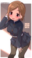 Rule 34 | 1girl, :p, black eyes, black jacket, black skirt, blush, breasts, brown hair, brown pantyhose, cropped jacket, fanbox username, feet out of frame, jacket, jujutsu kaisen, knees, kugisaki nobara, leaning forward, long sleeves, looking at viewer, medium breasts, medium hair, miniskirt, pantyhose, pleated skirt, pongldr, shirt, skirt, tareme, tongue, tongue out, white shirt