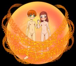 1boy 1girl absurdres alternate_universe barefoot biomerge blush breasts brown_hair commission completely_nude digimon digimon_tamers energy fusion hair_down highres holding_hands loli long_hair makino_ruki matrix_evolution navel nipples nude orange_hair orb original penis short_hair shota small_breasts small_penis standing the_dark_mangaka transformation