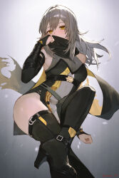 1girl bad_source bare_shoulders black_gloves boots breasts cleavage clothing_cutout commission commissioner_upload elbow_gloves gloves grey_hair hair_between_eyes high_heels highres honkai:_star_rail honkai_(series) large_breasts long_hair looking_at_viewer medium_breasts paid_reward_available pixiv_commission scarf smile solo sooon stelle_(honkai:_star_rail) thighhighs trailblazer_(honkai:_star_rail) yellow_eyes