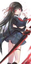 1girl absurdres adversarial_noise arm_cutout artist_name black_choker black_hair black_shirt black_skirt breasts bright_pupils chisa_(wuthering_waves) choker commentary duplicate from_side hair_ribbon hand_up highres holding holding_sword holding_weapon large_breasts long_hair long_sleeves looking_at_viewer looking_to_the_side mole mole_under_eye neckerchief parted_lips red_eyes red_neckerchief red_ribbon ribbon school_uniform serafuku sg_(under_siiiiii) shirt skirt smile solo sword tacet_mark_(wuthering_waves) weapon white_background white_pupils wuthering_waves