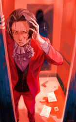 Rule 34 | ace attorney, aiming, arimoto wada dji, ascot, black vest, blood, blood on clothes, blood on face, dazed, elevator, faceless, formal clothes, from above, gun, hand in own hair, hand on own head, handgun, highres, holding, holding gun, holding weapon, jacket, long sleeves, male focus, manfred von karma, miles edgeworth, pants, paper, pool of blood, red jacket, red pants, red suit, red theme, solo focus, suit, sweat, vest, weapon, white ascot