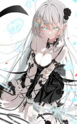 1girl absurdres arm_ribbon between_legs black_bow black_dress black_flower black_ribbon blue_eyes bow breasts breasts_squeezed_together bug butterfly cleavage collarbone dress floating_hair flower grey_hair hair_between_eyes hair_flower hair_intakes hair_ornament hand_between_legs highres insect kneeling leg_ribbon long_hair medium_breasts original ribbon sajin_(user_pvrm4582) sleeveless sleeveless_dress solo very_long_hair white_background