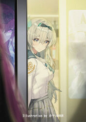3girls artist_name black_hairband black_sailor_collar blue_eyes blurry blurry_background bow bowtie breasts closed_mouth commentary_request earrings eyewear_on_head firefly_(honkai:_star_rail) firefly_(spring_missive)_(honkai:_star_rail) glasses green_bow green_bowtie grey_hair grey_skirt hairband highres honkai:_star_rail honkai_(series) jewelry kafka_(honkai:_star_rail) large_breasts light_blush long_hair long_sleeves looking_at_viewer multicolored_eyes multiple_girls official_alternate_costume pince-nez plaid_clothes plaid_skirt pleated_skirt purple_eyes purple_hair round_eyewear sailor_collar shirt silver_wolf_(honkai:_star_rail) skirt smile solo_focus srpzk sunglasses two-tone_eyes white_shirt yellow_eyes