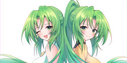 2girls absurdres back-to-back blush closed_mouth from_side green_eyes green_hair hashtag-only_commentary highres higurashi_no_naku_koro_ni long_hair looking_at_viewer looking_to_the_side multiple_girls nyako_(x_nyako_x) one_eye_closed open_mouth parted_bangs ponytail shirt siblings simple_background sisters sleeveless sleeveless_sweater smile sonozaki_mion sonozaki_shion sweater twins white_background white_sweater yellow_shirt