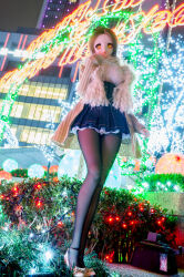 Rule 34 | ball jointed doll, blonde hair, breasts, christmas lights, christmas ornaments, doll, high heels, highres, long legs, medium breasts, miniskirt, pantyhose, skirt, yellow eyes