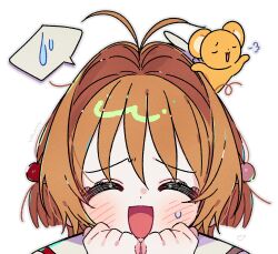 1girl :d ^_^ antenna_hair blush brown_hair cardcaptor_sakura closed_eyes commentary facing_viewer grey_outline hair_bobbles hair_ornament highres kero_(cardcaptor_sakura) kinomoto_sakura open_mouth outline portrait sailor_collar short_hair simple_background smile spoken_sweatdrop sweatdrop symbol-only_commentary white_background white_sailor_collar yalmyu