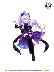 1girl ^_^ back_bow bare_shoulders black_boots black_bow black_dress black_sleeves blue_bow blue_bowtie blue_tail boots bow bowtie bracelet brooch closed_eyes closed_mouth company_logo copyright_name copyright_notice crescent demon_girl demon_tail detached_sleeves dot_nose dress elsword feather_hair_ornament feathers fingernails floating_hair footwear_bow frilled_dress frilled_sleeves frills full_body game_cg gradient_boots gradient_clothes gradient_dress hair_between_eyes hair_ornament hand_on_own_hip hand_up happy high_ponytail hwansang jewelry logo long_hair loose_hair_strand luciela_r._sourcream magical_girl official_alternate_costume official_art open_mouth petite pointy_ears ponytail ponytail_with_braided_base purple_boots purple_dress purple_hair second-party_source side_slit sleeveless sleeveless_dress smile solo star_(symbol) tail thigh_boots transparent_background very_long_hair
