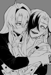 Rule 34 | 2boys, absurdres, argenti (honkai: star rail), boothill (honkai: star rail), collared jacket, commentary, curtained hair, cyborg, ear piercing, earrings, eye contact, greyscale, hair between eyes, hair over one eye, hand on another&#039;s mouth, hashtag-only commentary, highres, honkai: star rail, honkai (series), jacket, jewelry, long hair, long sleeves, looking at another, looking to the side, male focus, mole, mole under eye, monochrome, mrsw0911, multiple boys, multiple moles, nervous sweating, one eye covered, open mouth, parted bangs, piercing, popped collar, sharp teeth, shell casing, smile, sweat, teeth, unzipped, upper body, yaoi, zipper