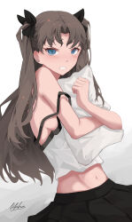 1girl absurdres armpit_crease black_skirt blue_eyes blush brown_hair camisole clenched_teeth covering_breasts covering_privates fate/stay_night fate_(series) highres li_kha long_hair looking_at_viewer midriff navel parted_lips signature simple_background sitting skirt solo strap_slip teeth tohsaka_rin tsundere two_side_up v-shaped_eyebrows very_long_hair white_background white_camisole