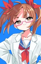 Rule 34 | 1girl, absurdres, ahoge, blue background, blue sailor collar, blunt bangs, blush, blush stickers, brown hair, collarbone, commentary request, glasses, highres, idolmaster, idolmaster cinderella girls, ikebukuro akiha, lab coat, long hair, neckerchief, pink-framed eyewear, red neckerchief, sailor collar, school uniform, semi-rimless eyewear, serafuku, shirt, simple background, smile, solo, sukoyaka (100hituzi), twintails, under-rim eyewear, upper body, white shirt