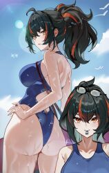 1girl absurdres ass black_hair blowing_whistle blue_one-piece_swimsuit blue_sky breasts cloud commentary day from_behind goggles goggles_on_head hand_on_own_hip highres holding holding_surfboard large_breasts looking_at_another looking_back maanu multicolored_hair multiple_views one-piece_swimsuit one_side_up ponytail red_eyes red_hair sky streaked_hair surfboard swimsuit symbol-only_commentary wet whistle zenless_zone_zero zhu_yuan