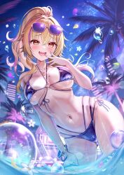 1girl :d akabane_(zebrasmise) bare_shoulders bikini blonde_hair breasts bubble chest_tattoo cowboy_shot eyewear_on_head gluteal_fold groin gyaru hair_ornament hair_scrunchie hairclip heart heart-shaped_pupils heart_tattoo highres jewelry large_breasts long_hair looking_at_viewer multi-strapped_bikini_bottom multicolored_hair navel necklace night o-ring o-ring_top open_mouth orange_eyes outdoors pinkpunkpro ponytail purple_bikini scrunchie sidelocks smile solo sonohara_airi standing stomach streaked_hair string_bikini sunglasses swimsuit symbol-shaped_pupils tattoo thighs virtual_youtuber wading water water_drop wet