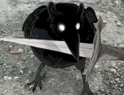 animal_focus bird crow dagger gravel hashtag-only_commentary highres holding holding_knife knife knife_in_mouth no_humans outdoors photo_background slay_the_princess sstrawberryadam weapon white_eyes