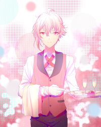 1boy alcohol black_pants buttons cake cake_slice champagne champagne_flute closed_mouth collared_shirt collared_vest colored_shadow commentary confeitoo cowboy_shot cup dress_pants dress_shirt drinking_glass food gloves hair_between_eyes halftone halftone_background highres holding holding_tray idolish7 kujou_tenn long_sleeves looking_at_viewer male_focus napkin pants pink_background pink_eyes pink_hair pink_vest plate shadow shirt short_hair single_sidelock sleeve_cuffs smile solo standing straight-on symbol-only_commentary tray vest waiter white_gloves white_shirt