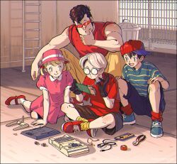 Rule 34 | 1girl, 3boys, ana (mother), baseball cap, black eyes, black gloves, black hair, black shorts, blonde hair, blue eyes, blue footwear, blue shirt, blue shorts, blush, border, controller, dress, famicom, freckles, game console, game controller, glasses, gloves, hair ribbon, hat, highres, kwsby 124, lloyd (mother), mother (series), mother 1, multiple boys, ninten, nintendo, opaque glasses, open mouth, pants, parted lips, pink dress, pink hat, pliers, red footwear, red ribbon, red shirt, red socks, ribbon, shirt, shoes, short sleeves, short twintails, shorts, sitting, sneakers, socks, squatting, sunglasses, teddy (mother), trash can, twintails, twitter username, white socks, yellow pants, yellow socks