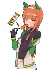 1girl absurdres animal_ears arm_behind_back black_gloves black_shirt breasts ch2haya_p covered_navel cropped_torso ear_covers eating food food_in_mouth four-pointed_star gloves green_eyes green_sleeves hair_ornament hairband hand_up highres holding holding_food holding_popsicle horse_ears horse_girl jacket long_hair long_sleeves looking_at_viewer midriff_peek open_clothes open_jacket orange_hair popsicle shirt silence_suzuka_(umamusume) simple_background small_breasts solo star_(symbol) star_hair_ornament turtleneck turtleneck_shirt umamusume upper_body white_background white_hairband