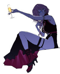 1girl armlet asymmetrical_dress black_dress blue_eyes boots braid braided_ponytail breasts china_dress chinese_clothes commentary covered_mouth cup dress drinking_glass earrings from_side full_body hair_over_one_eye hair_over_shoulder henriiku_(ahemaru) high_heel_boots high_heels highres holding holding_cup hololive jewelry long_hair looking_at_viewer medium_breasts official_alternate_costume official_alternate_hairstyle outstretched_arm pink_hair red_boots red_nails side_slit simple_background sitting skindentation sleeveless sleeveless_dress solo takane_lui takane_lui_(5th_costume) thigh_strap thighs two-sided_dress two-sided_fabric virtual_youtuber white_background wine_glass