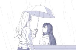 2girls absurdres closed_mouth commentary_request fujino_shizuru fuuka_academy_school_uniform green_eyes greyscale highres holding holding_umbrella hood hoodie korean_commentary kuga_natsuki long_hair long_sleeves looking_at_another monochrome multiple_girls my-hime outdoors rain school_uniform sitting spot_color standing umbrella waseuteu wet wet_hair