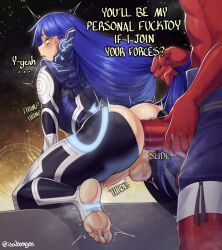 Rule 34 | 2boys, anal, androgynous, ass, blue hair, demon (megami tensei), english text, erection, feet, grabbing another&#039;s hair, highres, huge ass, isabongos, kneeling, long hair, multiple boys, nahobino, penis, penis size difference, protagonist (smtv), sex, sex from behind, shin megami tensei, shin megami tensei v, testicles, yaoi