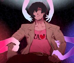 1boy beard_stubble belt black_background black_eyes black_hair brown_jacket catherine:_full_body catherine_(game) disembodied_hand english_text facial_hair gradient_background hands_on_another&#039;s_arm heart heart_print hoshi_(star-name2000) jacket male_focus mars_symbol messy_hair mustache_stubble pink_shirt shirt short_hair silhouette sitting stubble sweatdrop venus_symbol vincent_brooks