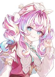1girl aqua_eyes aqua_hair beret dress gradient_hair hat honkai:_star_rail honkai_(series) hyacine_(honkai:_star_rail) looking_at_viewer multicolored_hair pink_hair red_dress red_hat simple_background smile solo teeth touka_(pixiv71609120) twintails two-tone_hair upper_body upper_teeth_only white_background