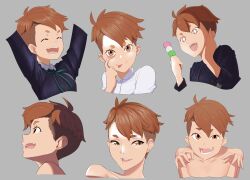 +_+ 1girl absurdres akanbe arms_up bare_shoulders black_shirt brown_eyes brown_hair claw_pose dango eyelashes eyelid_pull fang food grey_background hand_on_own_face highres holding holding_food long_sleeves lycoris_recoil multiple_views open_mouth otome_sakura shirt short_hair simple_background smile tearing_up teeth tomboy tongue tongue_out trollzamahd undercut very_short_hair wagashi white_shirt