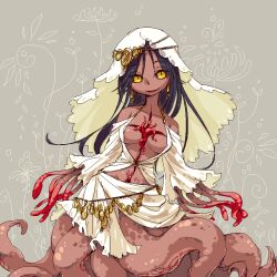 1girl animal_ears black_hair breasts collarbone commentary_request dark-skinned_female dark_skin dated_commentary grey_background groin hole_in_chest hole_on_body jaggy_lines long_hair looking_at_viewer medium_breasts monster_girl o-ring oekaki original painttool_sai_(medium) parted_lips rakuni revealing_clothes scylla sketch skirt slit_pupils smile solo suction_cups tentacle_hands tentacles veil white_skirt wide_sleeves yellow_eyes