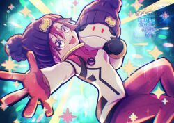 1girl :d amate_yuzuriha beanie black_hat commentary_request crescent gloves gundam gundam_gquuuuuux hair_between_eyes haro hat looking_at_viewer mecha_pilot_suit normal_suit_(gundam) open_mouth pants print_hat reaching reaching_towards_viewer red_gloves red_hair red_pants smile solo sparkle star_(symbol) teeth tsukiakari115 upper_teeth_only watermark