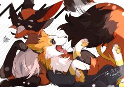 animal_focus black_eyes boltund claws commission dog fox gen_8_pokemon hideko_(l33l3b) highres looking_at_another lying nintendo no_humans on_back on_stomach open_mouth pawpads pokemon pokemon_(creature) sharp_teeth signature simple_background smile striped_background tail tail_wagging teeth thievul tongue tongue_out twitter_username white_background yellow_eyes yellow_pupils