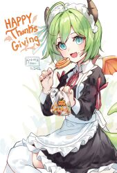 1girl :d ahoge apron bag black_dress blue_eyes candy commentary copyright_request dated dragon_girl dragon_horns dragon_tail dragon_wings dress english_commentary fang feet_out_of_frame food food_on_face frilled_apron frilled_dress frills green_hair highres holding holding_bag holding_candy holding_food holding_lollipop horns juliet_sleeves kobutanori lollipop long_sleeves looking_at_viewer maid mini_wings neck_ribbon open_mouth orange_wings plastic_bag puffy_sleeves red_ribbon ribbon signature smile solo tail thighhighs virtual_youtuber white_apron white_background white_thighhighs wings