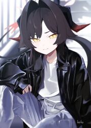 Rule 34 | 1girl, absurdres, alternate costume, black hair, black horns, black jacket, black nails, blue archive, blurry, blurry background, blush, closed mouth, commentary, grey pants, hair intakes, halo, highres, horns, jacket, jewelry, kasumi (blue archive), leather, leather jacket, long hair, looking at viewer, pants, railing, red horns, ring, rotroto, shirt, sidelocks, sleeves past wrists, solo, tail, white shirt, yellow eyes