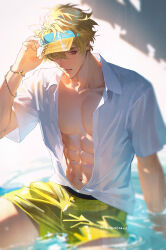 Rule 34 | 1boy, abs, adjusting clothes, adjusting headwear, alternate costume, bags under eyes, blonde hair, blurry, blurry foreground, bracelet, collarbone, collared shirt, commentary, dated, depth of field, english commentary, green male swimwear, hair over one eye, hand up, highres, jewelry, looking at viewer, male focus, male swimwear, muscular, muscular male, navel, nu carnival, one eye covered, open clothes, open shirt, orange eyes, owner bird, parted lips, partially submerged, pectoral cleavage, pectorals, quincy (nu carnival), ripples, shirt, short hair, short sleeves, shorts, sitting, smile, solo, swim trunks, visor cap, wading, water, wet, wet clothes, wet hair, white shirt