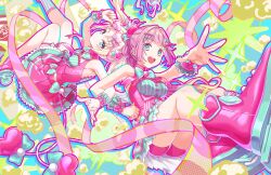 2girls :d abstract_background anyoji_hime aqua_bow aqua_bowtie armpit_crease bare_shoulders bent_over bike_shorts blonde_hair blue_background blue_eyes blue_hair blunt_bangs boots bow bowtie breasts closed_mouth clothes_writing dutch_angle fake_tail fang fang_out finger_gun floating_hair food food-themed_background footwear_bow frilled_wrist_cuffs frills game_cg glasses gradient_hair green_background hair_ornament hand_on_own_leg heart heart-shaped_eyewear heart_hair_ornament highres initial letter_hair_ornament link!_like!_love_live! locked_arms looking_at_viewer love_live! medium_breasts miniskirt mira-cra_park! multi-tied_hair multicolored_hair multiple_girls navel non-web_source o-ring o-ring_thigh_strap official_alternate_costume official_art open_hand open_mouth osawa_rurino pink-tinted_eyewear pink_boots pink_hair pink_shirt pink_shorts pink_skirt pink_wrist_cuffs pleated_skirt ponytail popcorn roller_skates shirt short_shorts shorts sidelocks single_sock sitting skates skirt sleeveless sleeveless_shirt smile socks standing striped_clothes striped_socks tail tail_bow tail_ornament thigh_strap tinted_eyewear twintails upskirt vertical-striped_clothes vertical-striped_socks virtual_youtuber wawo!_(love_live!) white_socks wrist_cuffs x_hair_ornament