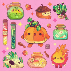 acorn animal_skull artist_name autumn_leaves bottle corked_bottle creature crystal ellievsbear fire flask frog ghost herb_bundle highres jar leaf no_humans original pink_background plant pumpkin signature simple_background smile sparkle spirit standing test_tube
