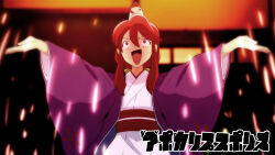 coat constricted_pupils hair_between_eyes highres japanese_clothes kimono kotohime_(touhou) long_hair long_sleeves mimi-chan obi open_clothes open_coat open_mouth phantasmagoria_of_dim.dream purple_coat red_eyes red_hair sakuragi_rian sash smile standing touhou touhou_(pc-98) upper_body white_kimono